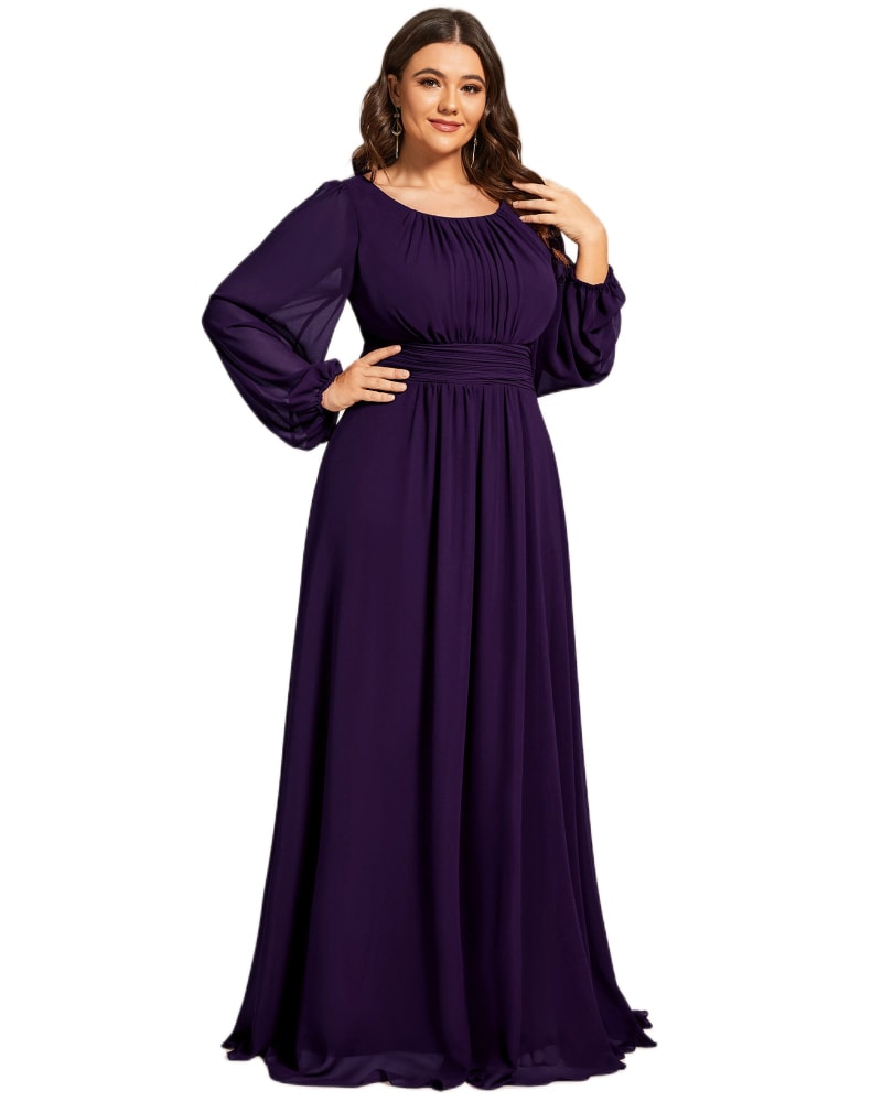 Front of a model wearing a size 22 Chiffon High Empire Waist Puff Sleeve Mother Dress in Dark Purple by Ever-Pretty. | dia_product_style_image_id:327928